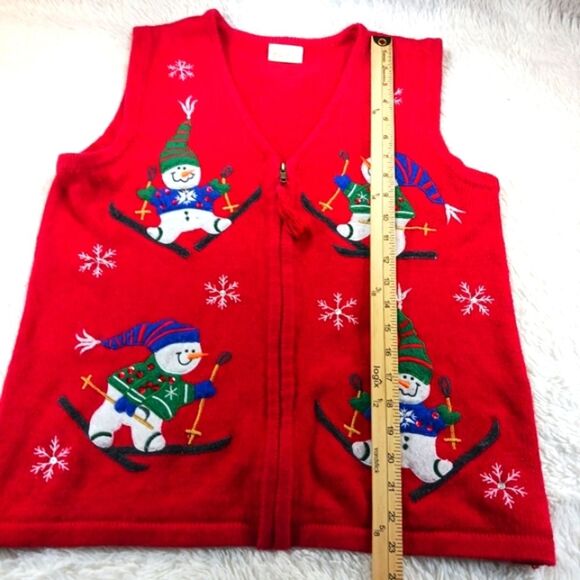 Bobbie Brooks Skiing Snowman & Snowflake Knit Zip-Up Vest Red Embellished Large. - Picture 9 of 11